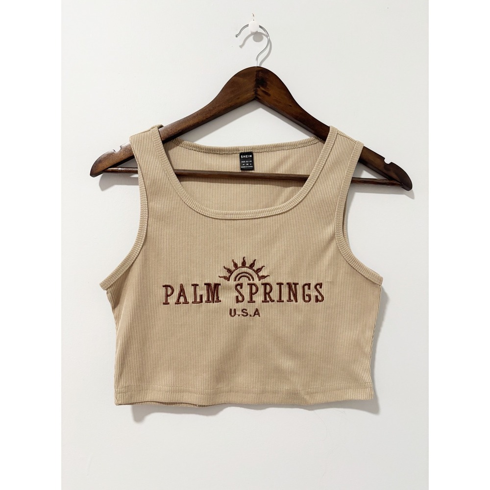 SHEIN Tank Top Women Size M Tan Palm Springs Embroidered Ribbed Crop Top